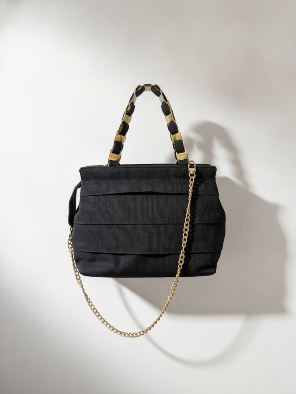 Salvatore Ferragamo Vintage Vara Ribbon Tote Black Grosgrain Gold Chain Bag